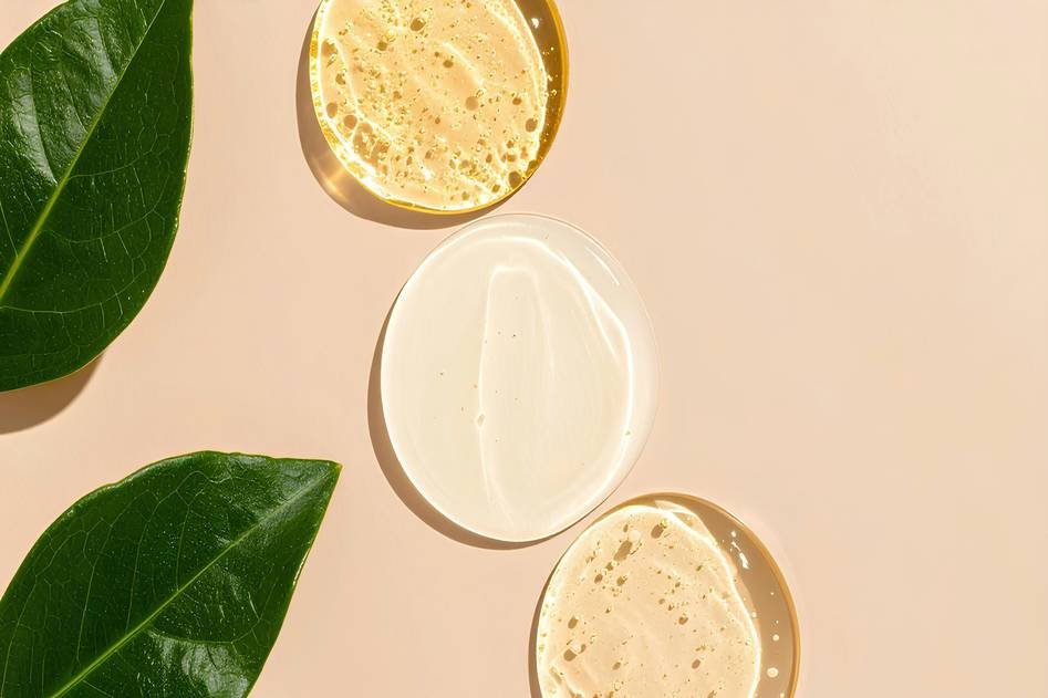 A luxurious face balm jar surrounded by natural ingredients like shea butter and essential oils on a soft pastel background