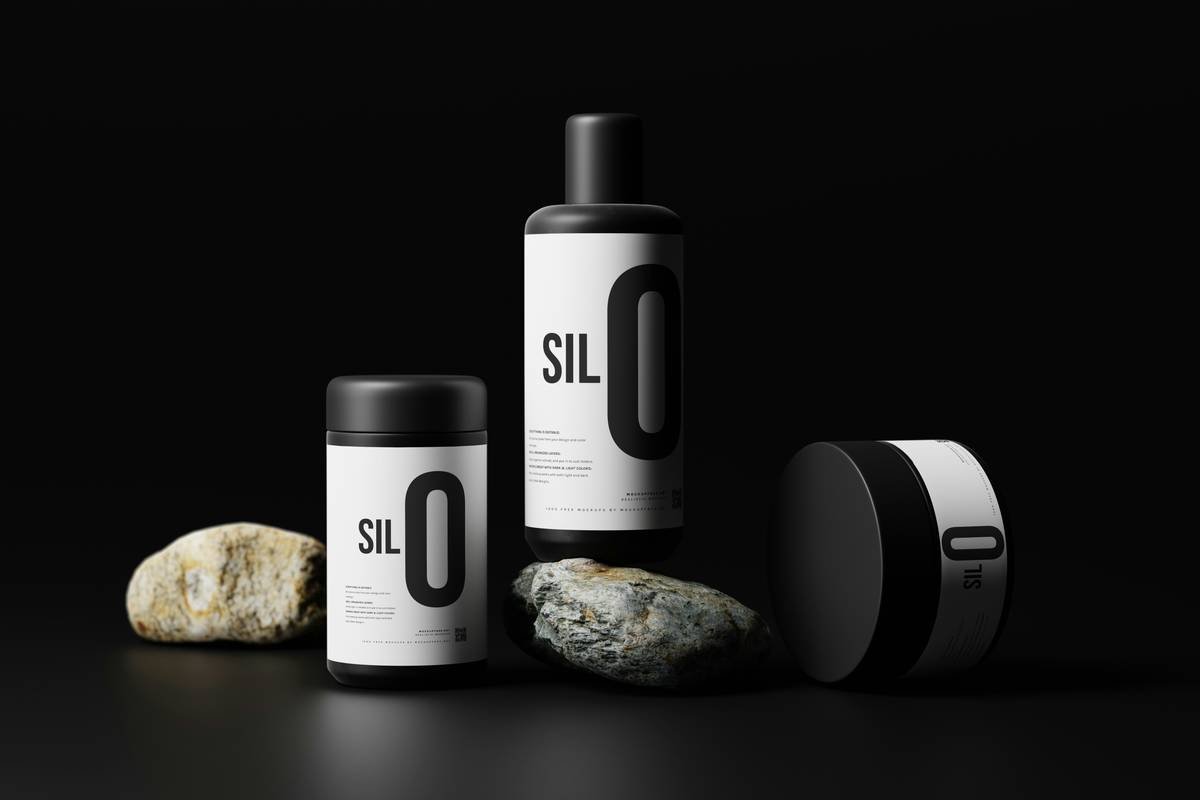 Silo is a cosmetic packaging mockup set featuring a bottle, a tall jar and a flat jar. Download this mockup set for free from Mockup Free https://mockupfree.net